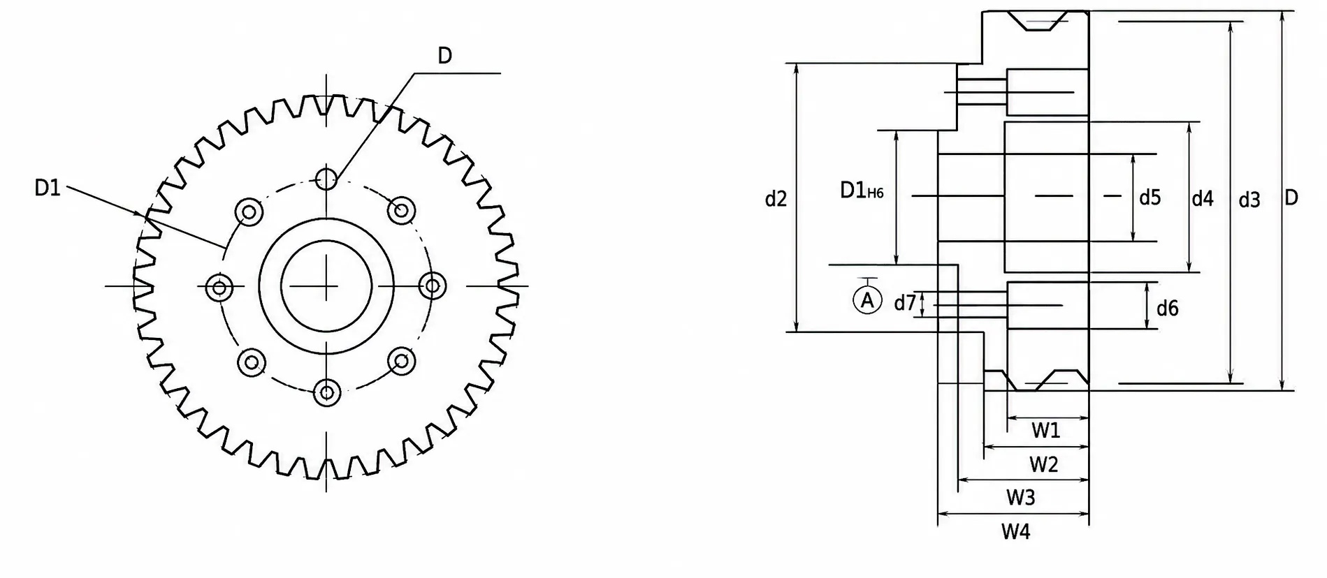 Flange Ground Helical Gear dimension drawing and parameter chart