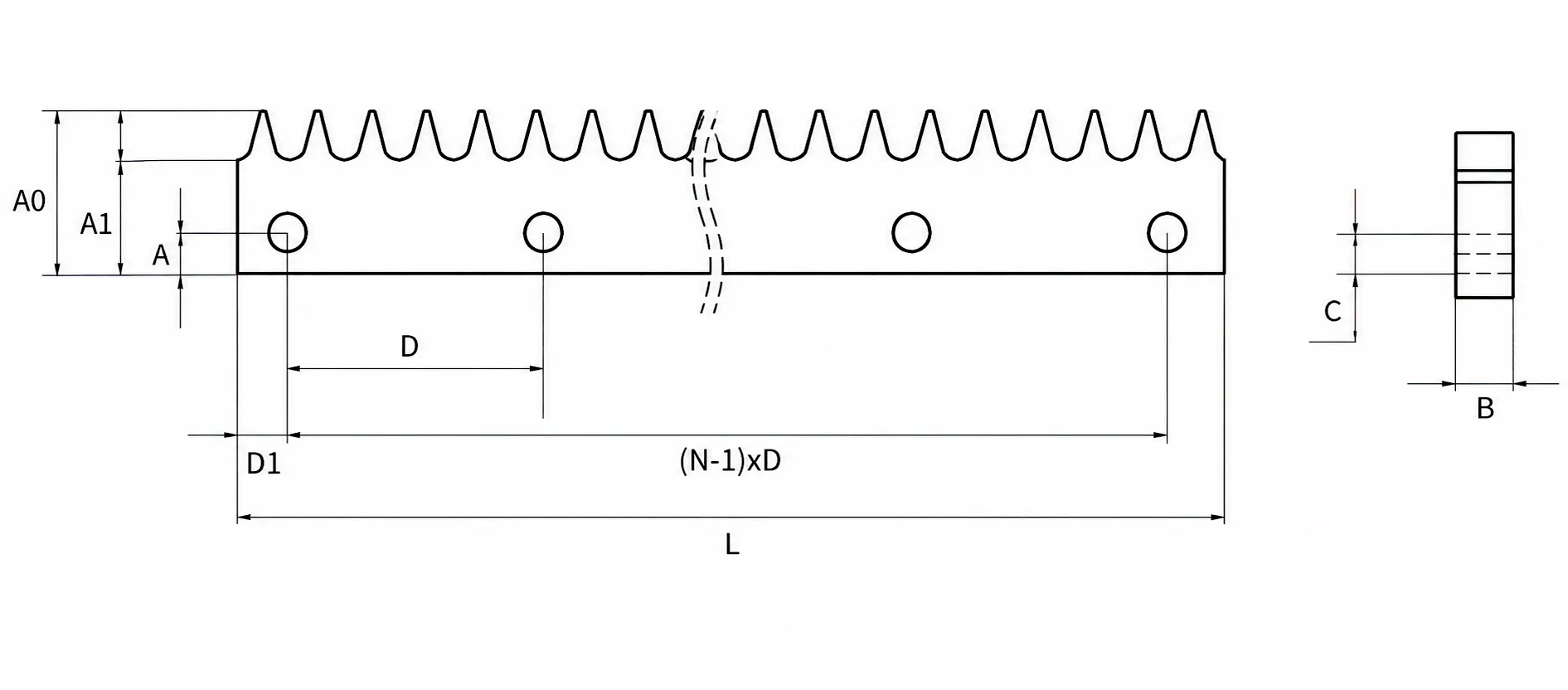 Zero Backlash Rack STLBX Series Technical Drawing and Dimensions